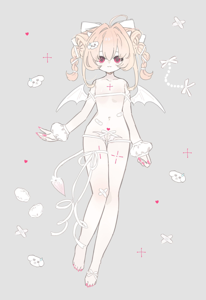1girl :3 ahoge arm_ribbon bandaid bandaid_on_knee bandaid_on_leg bandaid_on_stomach bity3155660241 blush bow braid breasts cleft_of_venus closed_mouth commentary_request cross demon_horns demon_tail demon_wings dog_hair_ornament eyelashes full_body grey_background hair_bow hair_ornament hair_ribbon heart heart_tattoo highres horns leg_ribbon long_hair nail_polish navel nude original pink_eyes pink_nails pubic_tattoo ribbon short_twintails simple_background small_breasts small_horns smile solo straight-on sweatdrop tail tail_bow tail_ornament tattoo toenail_polish toenails twin_braids twintails white_bow white_horns white_ribbon white_tail white_wings white_wrist_cuffs wings wrist_cuffs
