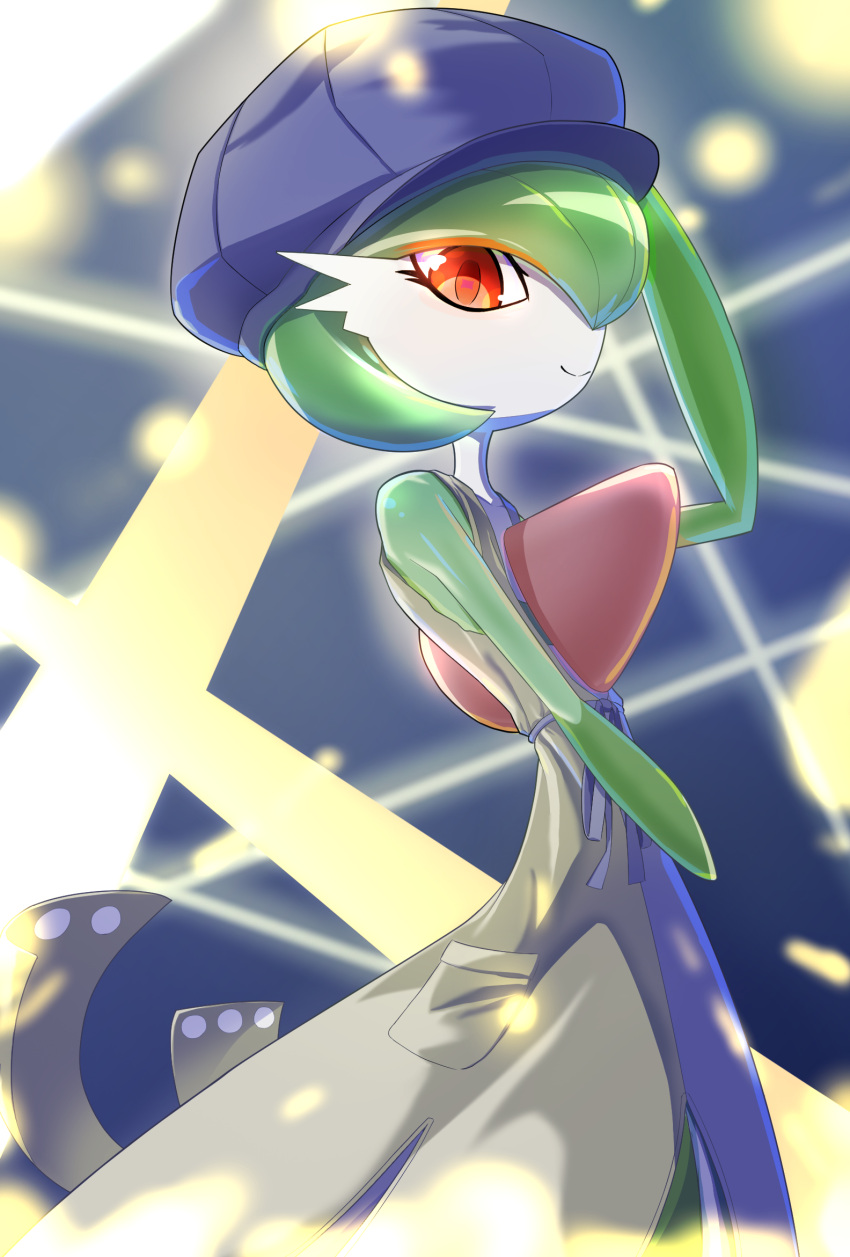 1girl bare_shoulders blue_background blue_hat bob_cut cabbie_hat closed_mouth clothed_pokemon collarbone colored_skin commentary_request dress flat_chest from_side gardevoir gardevoir_(cafe) green_hair green_skin hair_over_one_eye happy hat highres looking_at_viewer multicolored_skin one_eye_covered partial_commentary pocket pokemon pokemon_(creature) pokemon_unite red_eyes short_hair smile solo split_mouth spotlight standing two-tone_dress two-tone_skin white_skin yanagi_(pixiv_36748322) yellow_dress