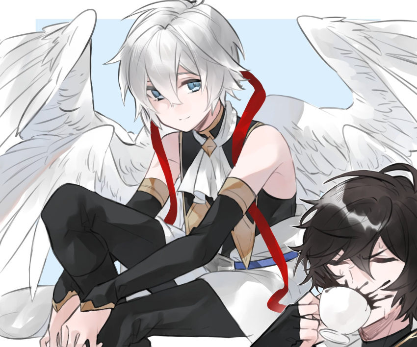 2boys aged_down ahoge ascot bare_shoulders blue_eyes brown_hair cape closed_eyes coffee coffee_cup cowboy_shot cup disposable_cup elbow_gloves feathered_wings fingerless_gloves gloves granblue_fantasy hair_between_eyes highres invisible_chair knee_up light_smile lucifer_(shingeki_no_bahamut) male_focus messy_hair multiple_boys multiple_wings red_ribbon ribbon sandalphon_(granblue_fantasy) sitting sleeveless sleeveless_turtleneck spit_take spitting sweatdrop turtleneck white_ascot white_cape white_hair white_wings wings yakota_(usuk-yako)