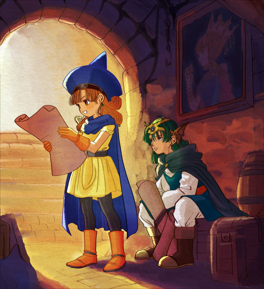 1boy 1girl absurdres alena_(dq4) black_pantyhose blue_cape blue_hat boots brown_footwear cape dragon_quest dragon_quest_iv dress earrings full_body gloves green_cape hat helmet hero_(dq4) highres holding holding_paper indoors jewelry okita_(sukult_4) orange_footwear orange_gloves orange_hair pantyhose paper parted_lips portrait_(object) sitting smile standing teeth winged_helmet witch_hat yellow_dress