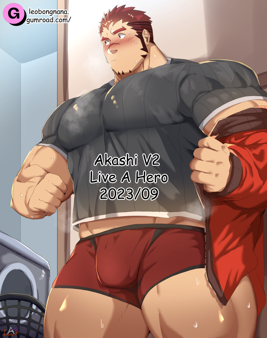 1boy absurdres akashi_(live_a_hero) alternate_pectoral_size bara boxers bulge facial_hair goatee highres huge_pectorals jacket jacket_partially_removed large_bulge leoandaslan_(leobongnana) live_a_hero male_focus male_underwear midriff_peek muscular muscular_male no_pants red_eyes red_hair red_male_underwear scar scar_on_face scar_on_nose sideways_glance solo standing steaming_body strongman_waist thick_eyebrows thick_thighs thighs underwear undressing yaoi