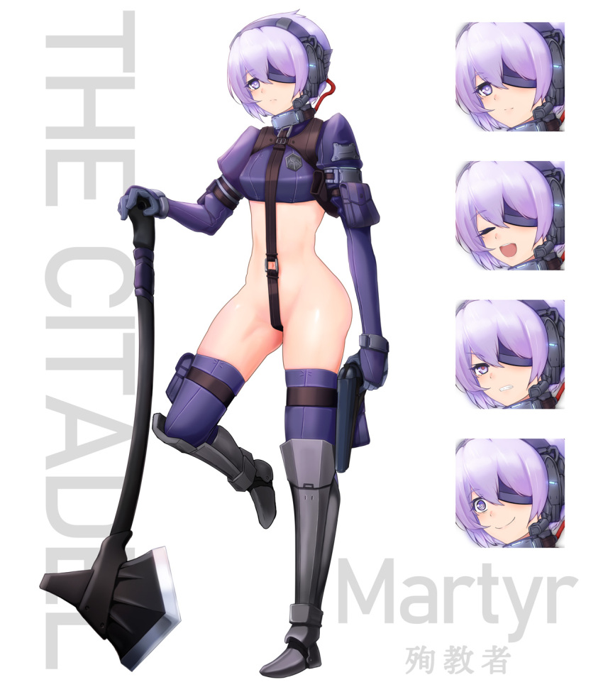 arm_pouch armor axe bottomless character_profile collar crop_top crotch_strap english_text expressions eyepatch gloves greaves grey_collar gun handgun headset highres holding holding_gun holding_weapon holster juliet_sleeves kasaiji long_sleeves martyr_(the_citadel) metal_collar multiple_bracelets navel one_eye_covered planted planted_axe pouch puffy_sleeves purple_eyes purple_gloves purple_hair purple_thighhighs revealing_clothes shoulder_holster standing standing_on_one_leg strap the_citadel thigh_pouch thigh_strap thighhighs weapon white_background