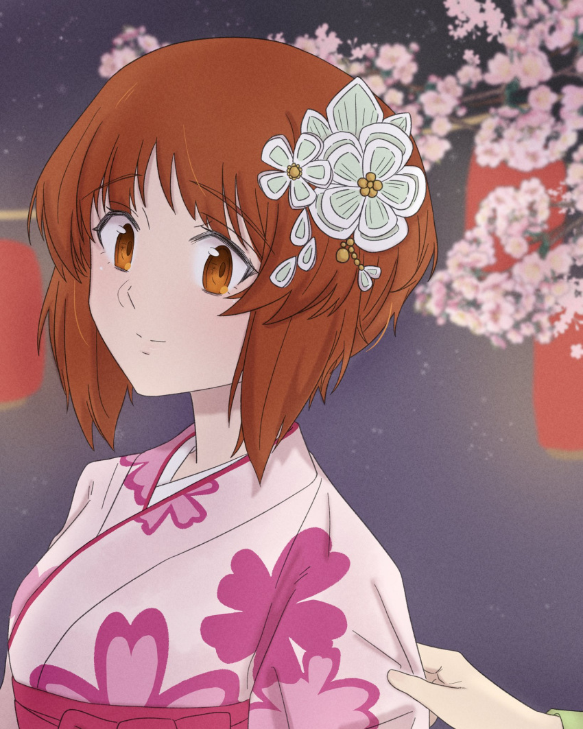 2girls brown_eyes brown_hair cherry_blossoms commentary floral_print_kimono flower girls_und_panzer hair_flower hair_ornament hand_on_another's_arm highres itsumi_erika japanese_clothes kimono lantern looking_at_another multiple_girls nekounko night night_sky nishizumi_miho paper_lantern pink_kimono short_hair sky