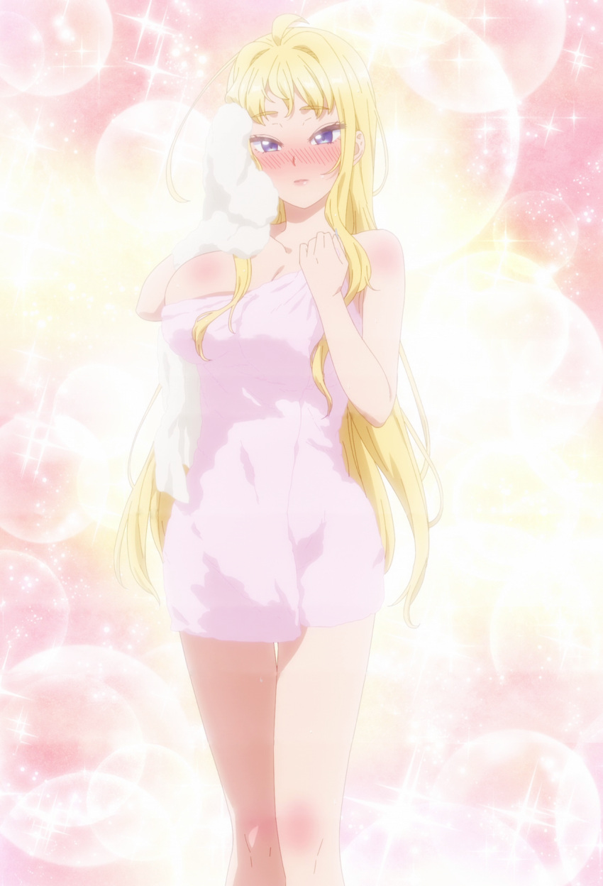 1girl anime_screencap blonde_hair blue_eyes blush breasts dosanko_gal_wa_namaramenkoi fuyuki_minami highres long_hair looking_at_viewer naked_towel non-web_source solo standing stitched towel