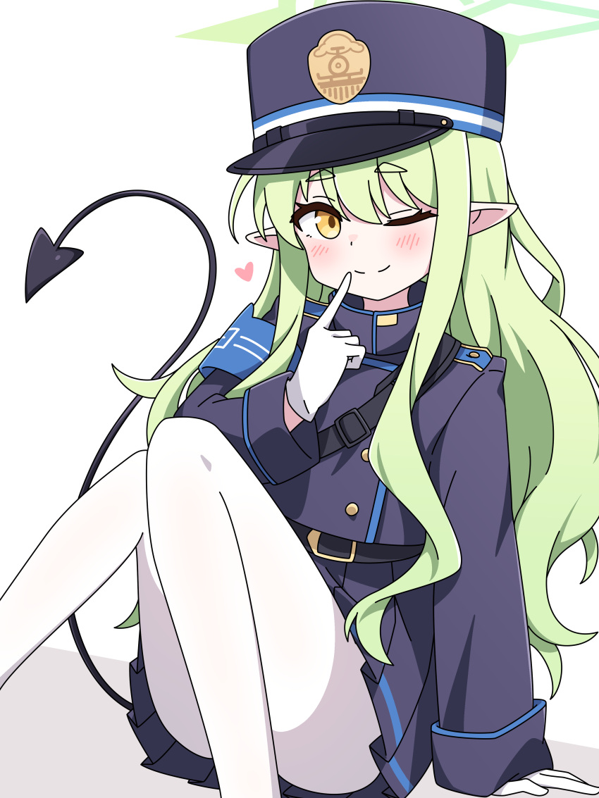 1girl absurdres black_hat black_shirt black_skirt black_tail blue_archive blush closed_mouth demon_tail gloves green_hair green_halo halo hat heart highlander_sidelocks_conductor_(blue_archive) highres long_hair long_sleeves looking_at_viewer mangyu0111 one_eye_closed pantyhose peaked_cap pleated_skirt pointy_ears shirt simple_background skirt smile solo tail white_background white_gloves white_pantyhose yellow_eyes