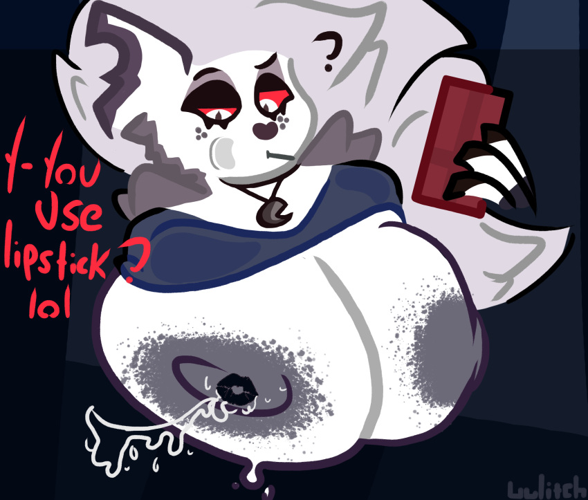 anthro areola areola_slip big_areola big_breasts big_nipples bodily_fluids breasts candy canid canid_demon canine canis clothing demon dessert digital_drawing_(artwork) digital_media_(artwork) distracted electronics female food fur hair helluva_boss hi_res huge_areola huge_breasts huge_nipples hyper kiss_mark kiss_mark_on_breast kiss_mark_on_nipple kissing lipstick lipstick_fetish loona_(helluva_boss) makeup mammal nipple_outline nipples nude phone presenting presenting_breasts question red_eyes saliva saliva_string solo sweat sweaty_breasts text topwear uulitch wolf