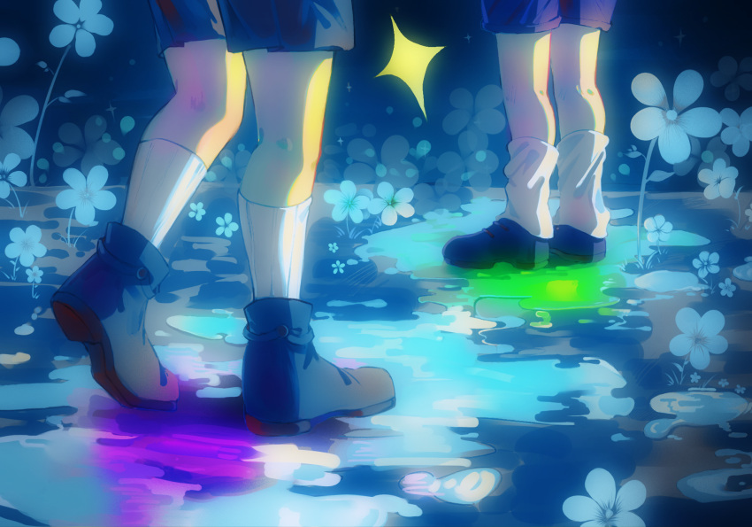 2others black_footwear black_shorts blue_flower chara_(undertale) chinese_commentary commentary_request flower frisk_(undertale) from_side head_out_of_frame highres leg_focus multiple_others other_focus out_of_frame shoes shorts socks sparkle standing theskyisblue093 undertale white_socks