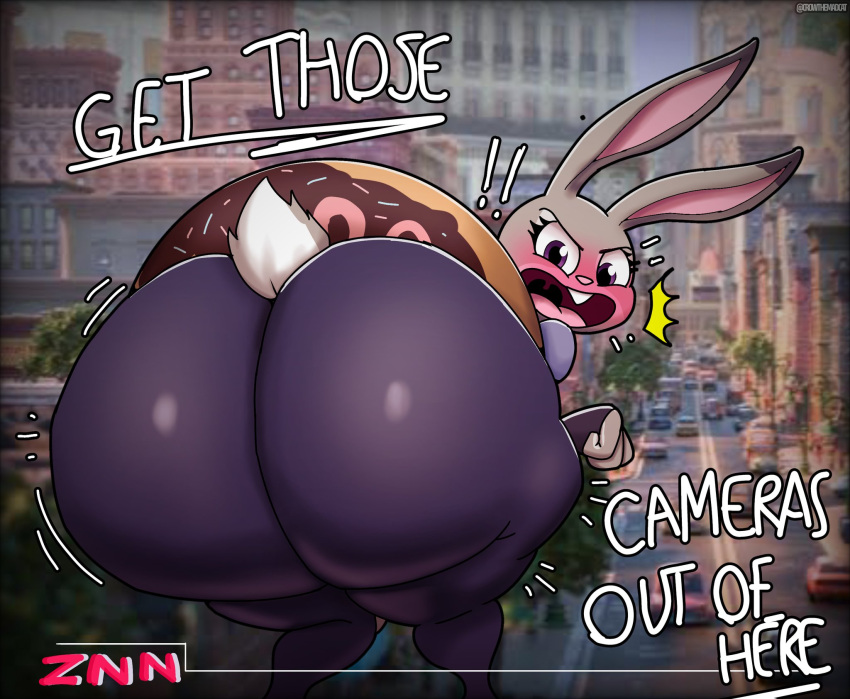 2024 anthro big_butt blush buckteeth butt crowthemadcat dialogue disney english_text eyebrows eyelashes female fur grey_body grey_fur hi_res huge_butt judy_hopps lagomorph leporid looking_at_viewer looking_back mammal open_mouth rabbit solo stuck teeth text thick_thighs wide_hips zootopia