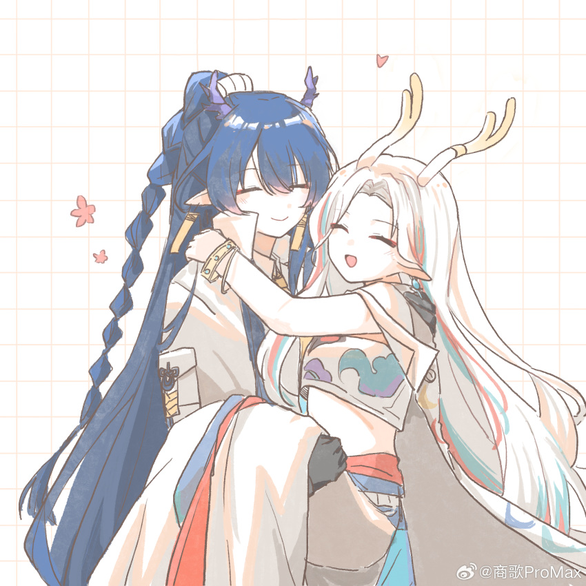2girls :d =_= ^_^ alina_(arknights) animal_ears antlers aqua_hair arknights arm_around_neck bandeau blue_hair bracelet braid carrying carrying_person chinese_commentary closed_eyes closed_mouth coat collared_coat commentary_request deer_ears deer_girl dragon_girl dragon_horns earrings grid grid_background hand_on_another's_shoulder high_collar highres horns jewelry light_blush ling_(arknights) long_hair long_skirt multicolored_hair multiple_girls open_mouth pointy_ears princess_carry purple_horns red_hair shang_ge_promax skirt smile streaked_hair very_long_hair watermark weibo_logo white_background white_bandeau white_coat white_hair white_skirt yuri