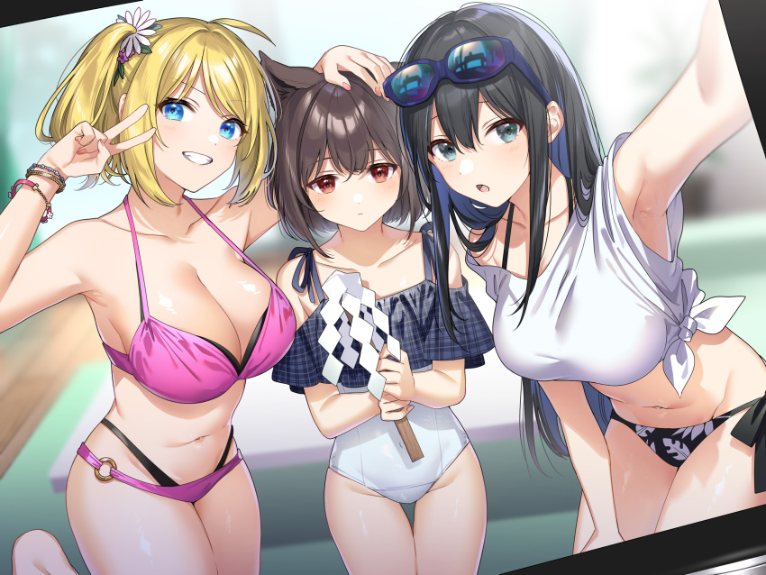 3girls :o absurdres animal_ears armpits barefoot bikini black_bikini black_hair blonde_hair blue_eyes blurry blurry_background bracelet breasts brown_eyes closed_mouth collarbone eyewear_on_head flower frilled_one-piece_swimsuit frills glasses grin hair_between_eyes hair_flower hair_ornament hand_on_own_knee highleg highleg_bikini highres jewelry large_breasts layered_bikini leaf_print long_hair looking_at_viewer multiple_girls navel non-web_source o-ring o-ring_bikini one-piece_swimsuit open_mouth original pink_bikini print_bikini school_swimsuit selfie shirt short_hair side_ponytail sidelocks smile sunglasses swimsuit t-shirt takeko_spla tied_shirt v white_one-piece_swimsuit white_shirt