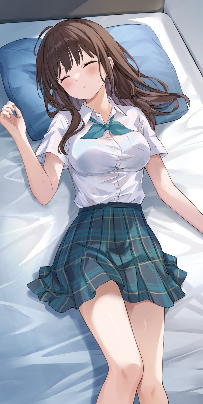 1girl absurdres aqua_skirt bed blue_bra blush bra bra_visible_through_clothes breasts brown_hair closed_mouth collared_shirt commentary_request higeneko highres indoors long_hair lying medium_breasts on_back on_bed original parted_lips pillow plaid plaid_skirt pleated_skirt school_uniform second-party_source shirt skirt sleeping solo underwear white_shirt