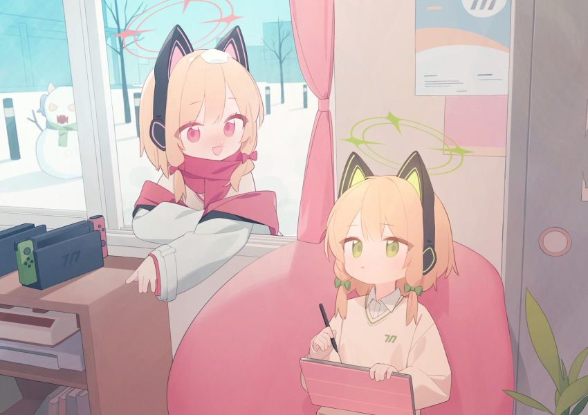 2girls absurdres alternate_costume animal_ears blonde_hair blue_archive blush cat_ears collared_shirt doribae double-parted_bangs fake_animal_ears from_outside green_eyes hair_between_eyes halo handheld_game_console highres holding holding_stylus holding_tablet_pc jacket looking_at_another midori_(blue_archive) momoi_(blue_archive) multiple_girls nose_blush off_shoulder open_mouth pink_eyes pink_halo pink_scarf plant scarf shelf shirt siblings sisters sitting sitting_on_object sleeves_past_wrists smile snot snowman stylus sweater tablet_pc through_window twins white_jacket white_shirt yellow_sweater