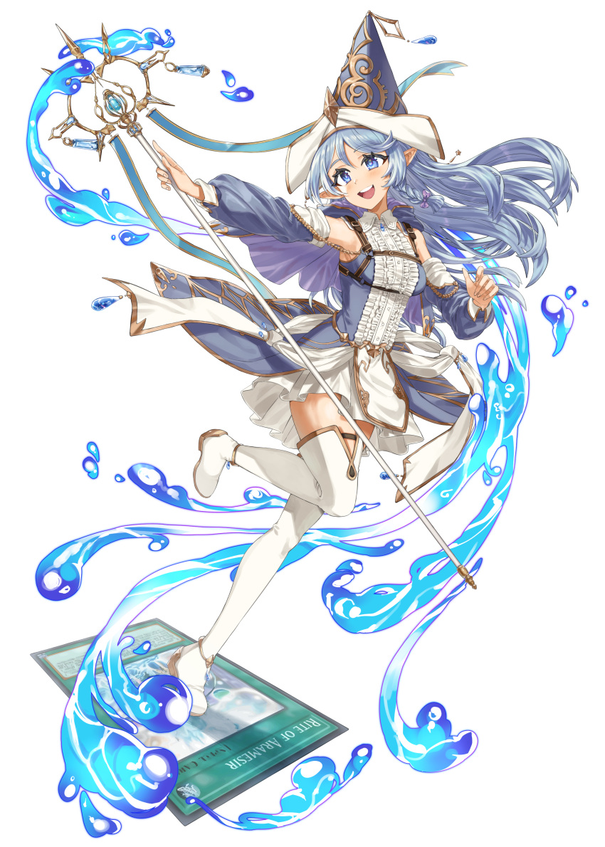 1girl absurdres bare_shoulders blue_eyes blue_hair boots card detached_sleeves duel_monster highres holding holding_staff hydrokinesis kaichou_(homehome_h) long_hair long_sleeves pointy_ears pointy_hair rite_of_aramesir solo staff standing standing_on_one_leg thigh_boots water water_enchantress_of_the_temple white_footwear yu-gi-oh!