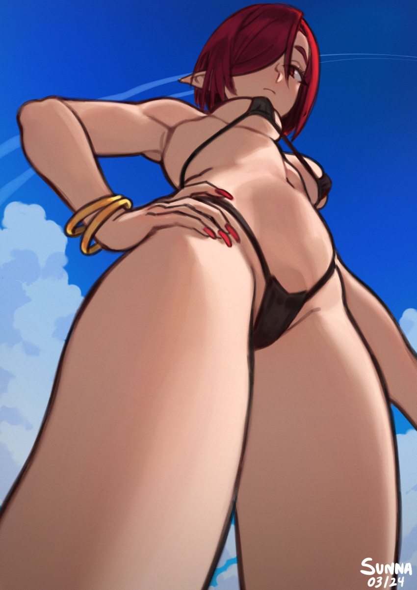 1girl artist_name bikini black_bikini blue_sky bracelet breasts closed_mouth dated day fingernails from_below hand_on_own_hip highres jewelry long_fingernails looking_at_viewer looking_down medium_breasts original pointy_ears red_eyes red_hair red_nails short_hair sky solo sunna_(nilsunna) swimsuit
