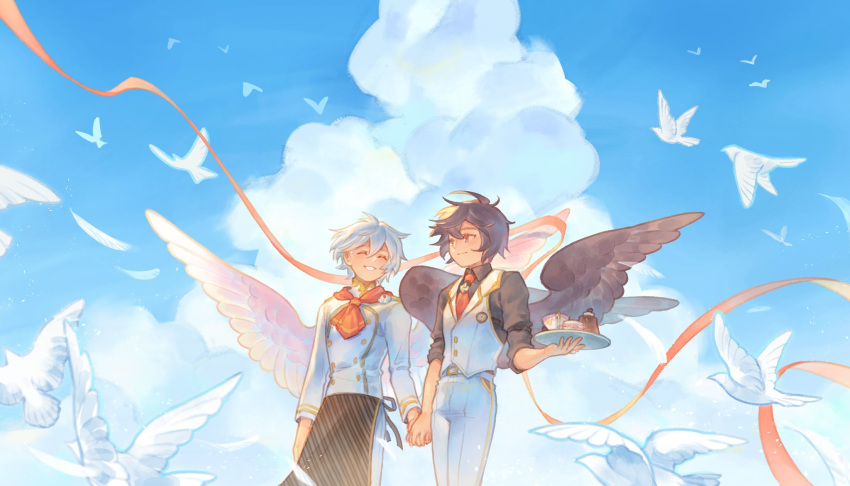 2boys ahoge apron belt bird blue_sky brown_hair brown_wings chef closed_eyes cloud cloudy_sky coffee coffee_cup cup disposable_cup english_commentary feathered_wings granblue_fantasy hair_between_eyes highres holding holding_hands holding_tray light_smile lucifer_(shingeki_no_bahamut) male_focus messy_hair multiple_boys neckerchief necktie official_alternate_costume red_eyes red_neckerchief red_necktie renren_be sandalphon_(granblue_fantasy) short_hair sky sleeves_rolled_up smile tray vest waist_apron white_hair white_vest white_wings wings yaoi