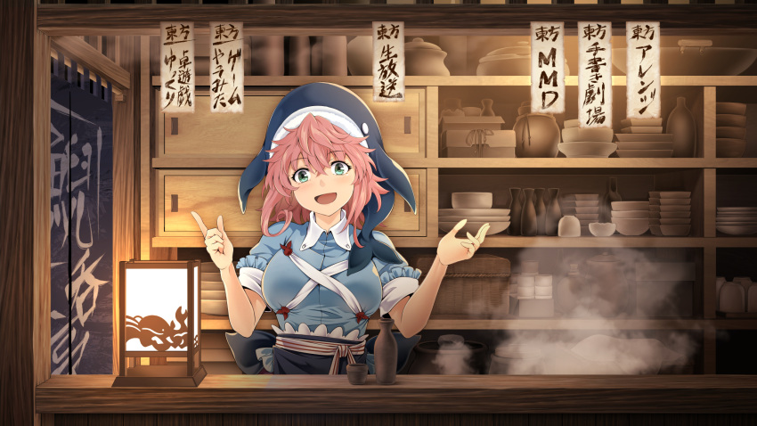 1girl aqua_eyes arkatopia bar_(place) blue_shirt bottle breasts dishes gesture highres indoors lantern looking_at_viewer okunoda_miyoi open_mouth paper_lantern pink_hair sake_bottle shirt short_sleeves smile solo steam touhou whale_hat