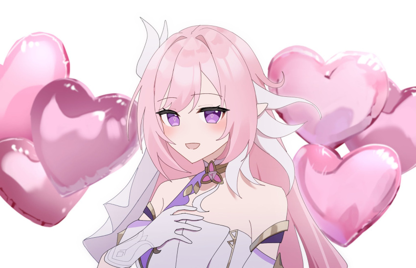 1girl :d balloon bare_shoulders blush commentary_request dress elbow_gloves elysia_(honkai_impact) gloves h2o_omizu hand_up heart_balloon highres honkai_(series) honkai_impact_3rd long_hair looking_at_viewer pink_hair pointy_ears purple_eyes simple_background smile solo strapless strapless_dress symbol-shaped_pupils white_background white_dress white_gloves