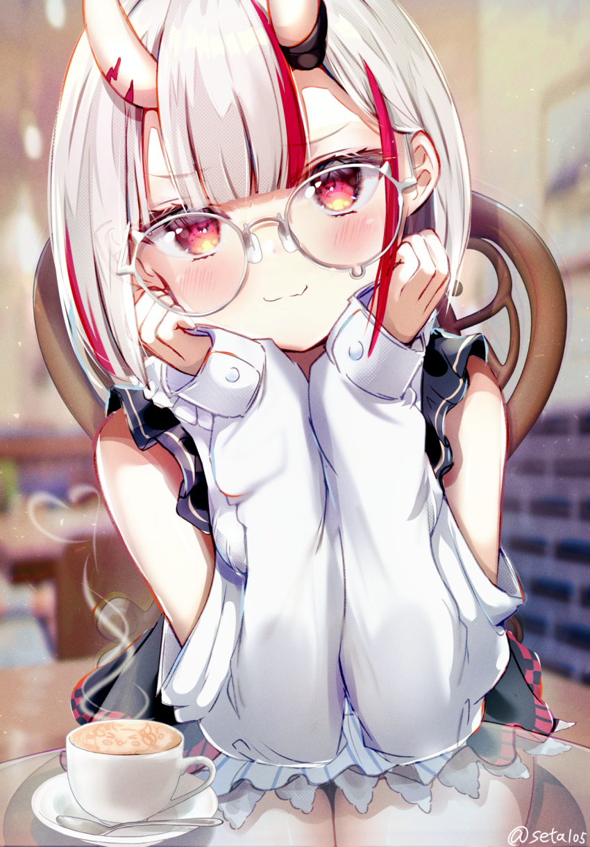 1girl artist_name blush breasts cafe coffee coffee_cup cup detached_sleeves disposable_cup frills glass_table glasses hair_ornament highres hololive horns looking_at_viewer multicolored_hair nakiri_ayame nakiri_ayame_(girly) official_alternate_costume oni pov red-framed_eyewear red_eyes red_hair round_eyewear saucer semi-rimless_eyewear seta_(seta105) shirt short_hair sitting skin-covered_horns smile solo spoon streaked_hair table teardrop-framed_glasses virtual_youtuber white_hair white_shirt