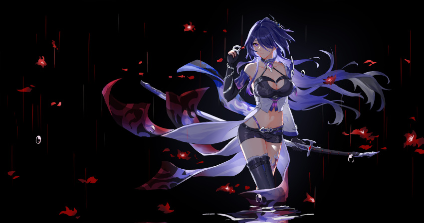 1girl absurdres acheron_(honkai:_star_rail) bare_shoulders black_choker black_gloves breasts choker cleavage coat commentary crop_top elbow_gloves ermu_(enmmm) gloves hair_over_one_eye halterneck hand_up highres holding holding_sword holding_weapon honkai:_star_rail honkai_(series) katana large_breasts leg_tattoo long_hair midriff navel purple_eyes purple_hair scabbard sheath sheathed solo standing stomach sword tattoo thighs very_long_hair weapon white_coat