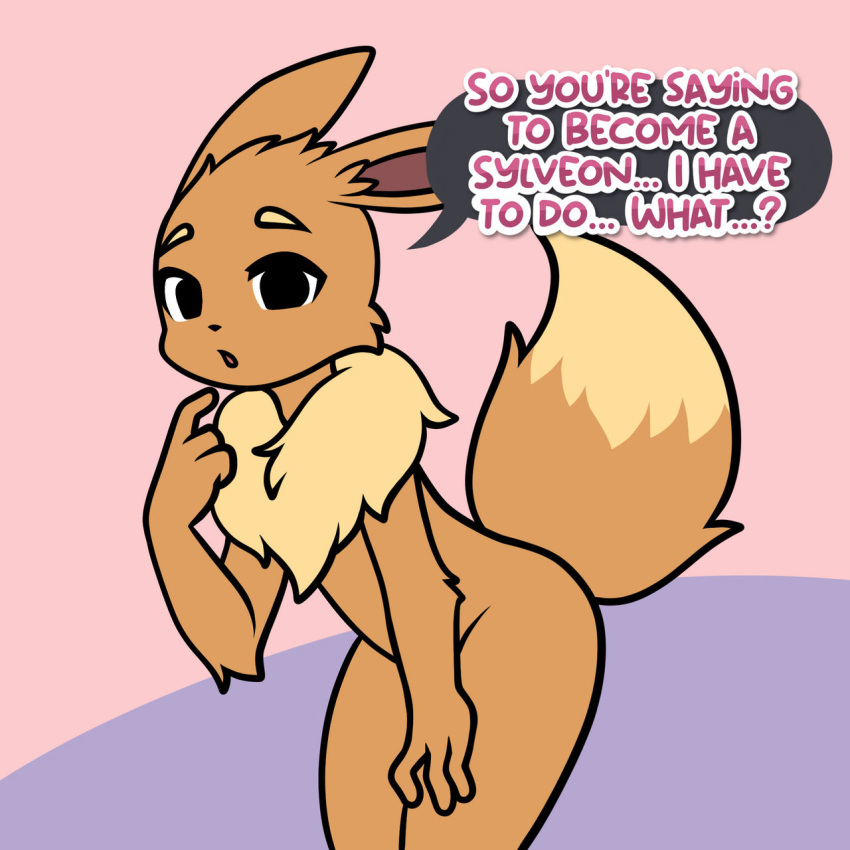 ambiguous_gender anthro black_eyes brown_body brown_fur cute_expression cute_pose dialogue eevee eeveelution fluffy fluffy_tail fur generation_1_pokemon group hi_res long_ears looking_at_viewer neck_tuft nintendo pokemon pokemon_(species) pompuffy_(artist) raised_tail sequence speech_bubble tail text tuft weight_gain weight_gain_drive