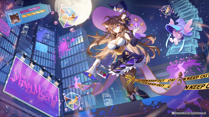 1girl animal_ears apple_caramel black_pantyhose brown_hair cat_ears caution_tape city commission dress from_below full_body hat highres original pantyhose purple_dress purple_eyes standing witch_hat
