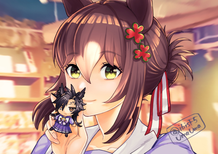 1girl air_shakur_(umamusume) animal_ears blurry blurry_background brown_hair character_doll charm_(object) closed_mouth clover_hair_ornament fine_motion_(umamusume) green_eyes hair_between_eyes hair_bun hair_ornament hand_up hi_(ibisf5umauma) horse_ears looking_at_viewer portrait purple_shirt sailor_collar shirt short_hair smile solo twitter_username umamusume