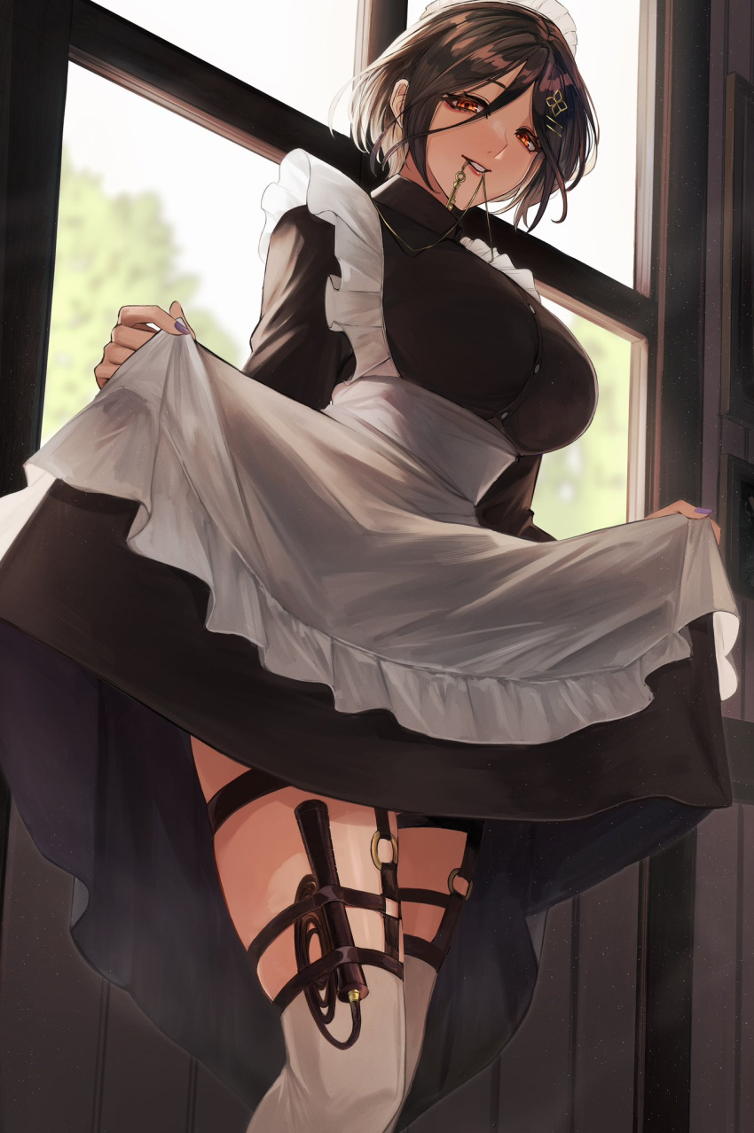 1girl alternate_costume apron black_dress breasts brown_hair clothes_lift dress frilled_apron frills hair_ornament highres large_breasts lifted_by_self looking_at_viewer maid maid_apron maid_headdress nekotokage nijisanji open_mouth orange_eyes puffy_sleeves shirayuki_tomoe short_hair skirt skirt_lift smile solo thighhighs unconventional_maid virtual_youtuber waist_apron whip white_apron