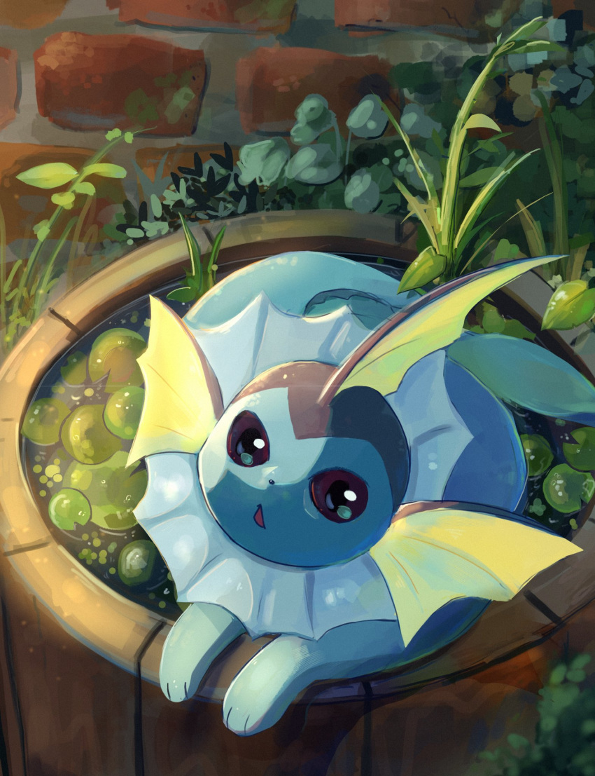 animal_focus black_eyes brick_wall chufflepop fins full_body grass head_fins highres leaf lily_pad no_humans open_mouth outdoors plant pokemon pokemon_(creature) solo vaporeon water