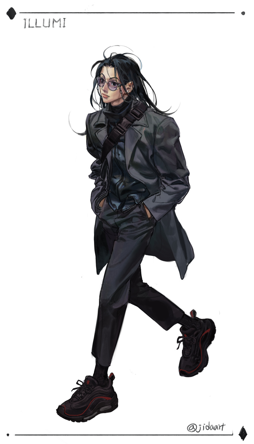 1boy absurdres alternate_costume artist_name bespectacled black_eyes black_footwear black_hair black_jacket black_pants black_shirt black_socks buckle character_name closed_mouth coat collar collared_coat collared_jacket commentary earrings expressionless full_body glasses grey_coat hands_in_pockets highres hunter_x_hunter illumi_zoldyck jacket jewelry jidaart lips long_hair long_sleeves looking_to_the_side male_focus open_clothes open_coat pants pocket red_trim shirt shoelaces shoes sneakers socks solo striped_clothes turtleneck vertical-striped_clothes walking white_background wrinkled_fabric