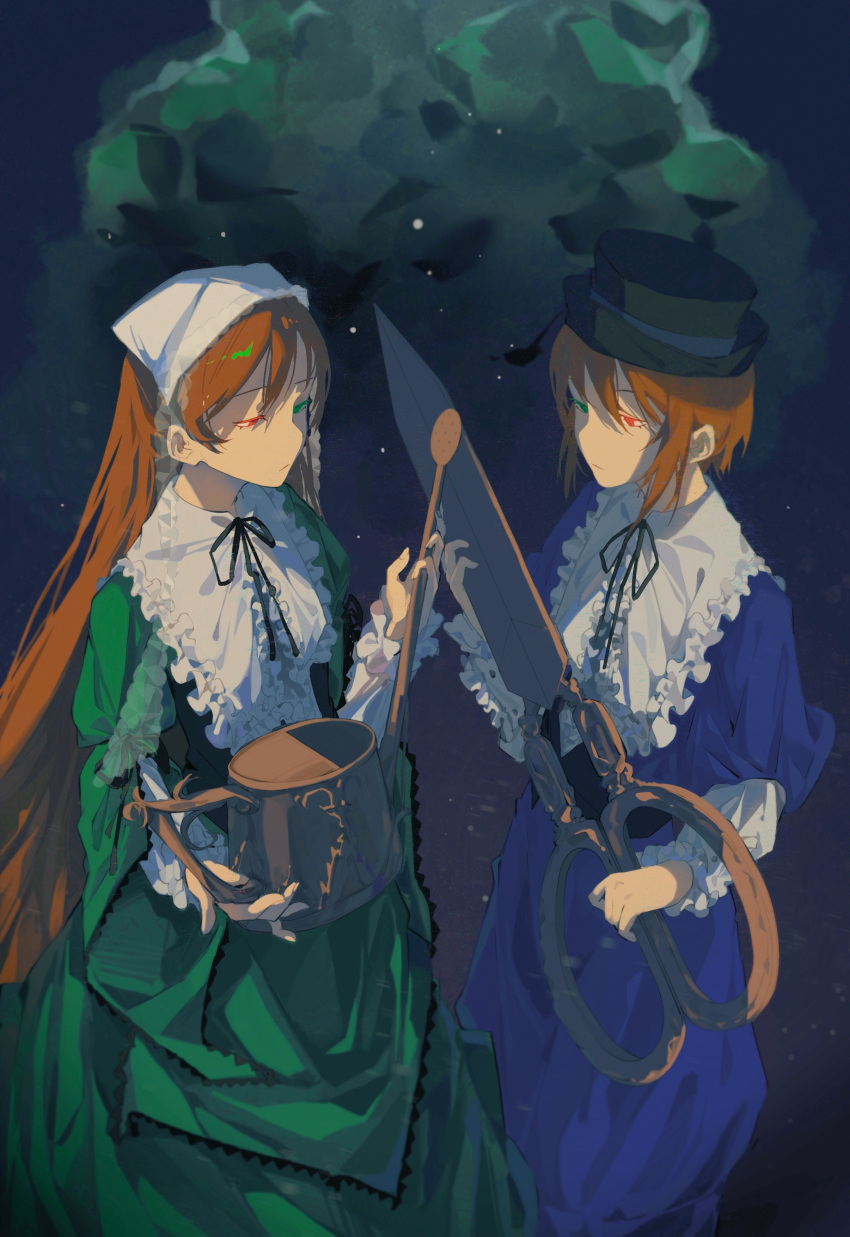 2girls absurdres acidxeno black_hat black_ribbon blue_background blue_dress brown_hair colored_eyelashes cowboy_shot dress expressionless frilled_dress frilled_sleeves frills from_side gown green_dress green_eyes half-closed_eyes hand_up hat head_scarf heterochromia highres holding holding_scissors holding_watering_can long_hair long_sleeves multiple_girls neck_ribbon oversized_object red_eyes ribbon rozen_maiden scissors short_hair siblings souseiseki standing suiseiseki top_hat twins watering_can