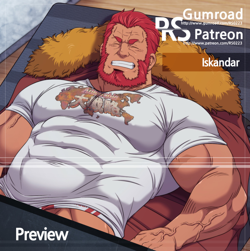 1boy bara bulge cape closed_eyes covered_abs cowboy_shot dark-skinned_male dark_skin fate/zero fate_(series) grin highres iskandar_(fate) large_pectorals lying male_focus male_swimwear mature_male muscular muscular_male navel navel_hair official_alternate_costume on_back paid_reward_available pectorals red_cape red_hair ryans shirt short_hair smile solo swim_briefs t-shirt tight_clothes tight_shirt wrinkled_skin