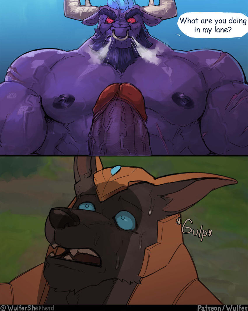2_horns abs absurd_res alistar_(lol) anthro anubian_jackal beard biceps bovid bovine canid canine canis cattle duo facial_hair facial_piercing genitals hi_res horn jackal league_of_legends male male/male mammal muscular muscular_anthro muscular_male nasus_(lol) nipples nose_piercing nose_ring pecs penis piercing red_eyes ring_piercing riot_games vein veiny_muscles veiny_penis wulfer-shepherd