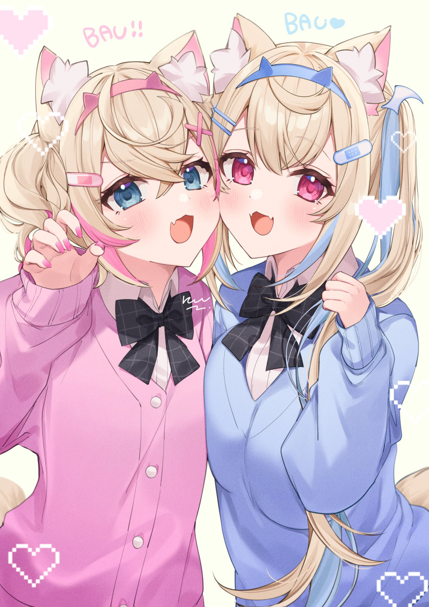 2girls absurdres alternate_costume animal_ear_fluff animal_ears bandaid bandaid_hair_ornament blue_eyes blue_hair blue_shirt dog_ears dog_girl dog_tail fangs fuwawa_abyssgard hair_ornament hairpin highres hololive hololive_english long_hair looking_at_viewer medium_hair mococo_abyssgard multiple_girls nail_polish open_mouth pink_eyes pink_hair pink_nails pink_shirt ruu_hh shirt siblings sidelocks sisters skin_fangs smile tail twins two_side_up virtual_youtuber x_hair_ornament