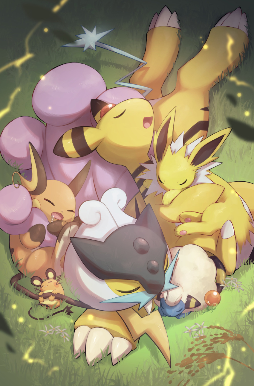 6+others absurdres ampharos claws closed_eyes cuddling dedenne electricity fangs flower grass highres jolteon mareep multiple_others no_humans nullma open_mouth pokemon pokemon_(creature) poknullma raikou sleeping smile trait_connection yellow_fur