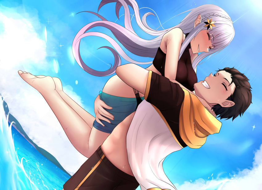 1boy 1girl barefoot clothes_pull couple happy holding_another's_thighs jumping male_swimwear natsuki_subaru non-web_source ocean pointy_ears satella_(re:zero) shorts shorts_pull swim_trunks
