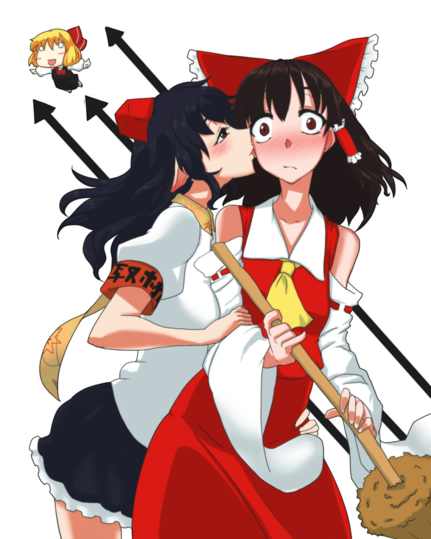 bakuya biting blush constricted_pupils ear_biting eargasm face hakurei_reimu highres kiss multiple_girls pointy_ears rumia shameimaru_aya simple_background surprise_kiss surprised touhou white_background yuri