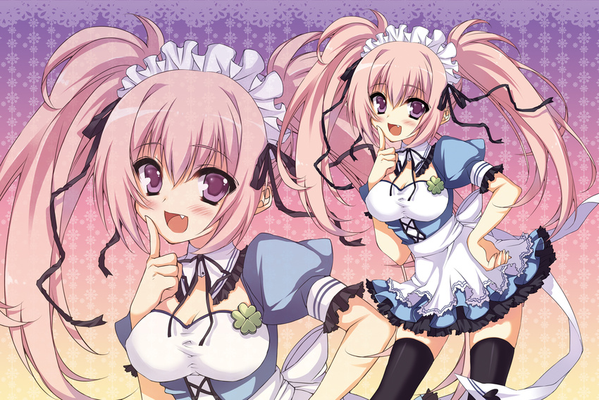 :d anapom apron bad_id bad_pixiv_id black_legwear blush bow breasts cleavage fang hair_ribbon hand_on_hip headdress highres maid medium_breasts open_mouth original pink_eyes pink_hair ribbon smile solo thighhighs twintails zoom_layer