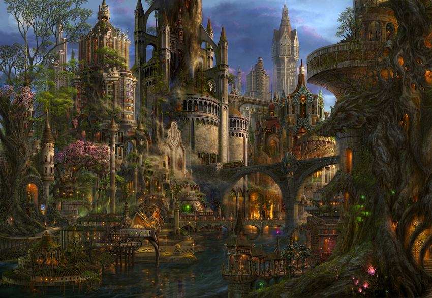 castle cityscape cloud dragon fantasy flower glowing highres lights moss no_humans original overgrown scenery sky statue tower tree uchio_kazumasa water