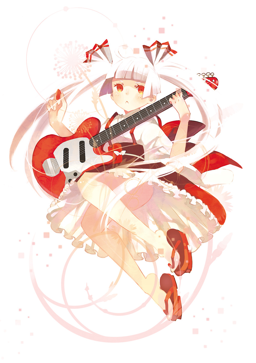 :&lt; alternate_costume alternate_hairstyle bangs bare_legs blunt_bangs colored_eyelashes domotolain eyelashes fujiwara_no_mokou full_body geta guitar highres instrument japanese_clothes long_hair obi plectrum red_eyes sandals sash skirt solo suspender_skirt suspenders touhou twintails white_hair