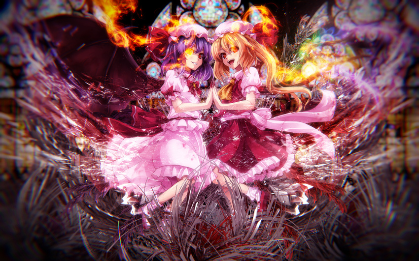 :d ascot asu_hare asymmetrical_hair bangs bat_wings blonde_hair blood bloody_clothes blue_hair blurry bobby_socks boots bow bowtie brooch burning_eye chromatic_aberration depth_of_field evil_smile eyebrows_visible_through_hair fang fingernails fire flandre_scarlet frilled_shirt_collar frilled_skirt frills grass grin hair_between_eyes hands_together hat hat_ribbon highres indoors jewelry light_particles long_fingernails long_hair long_skirt looking_at_viewer mary_janes medium_hair mob_cap multiple_girls nail_polish open_mouth pink_bow pink_footwear pink_legwear pink_shirt pink_skirt puffy_short_sleeves puffy_sleeves purple_hair red_bow red_eyes red_footwear red_nails red_neckwear red_ribbon red_skirt red_vest remilia_scarlet ribbon sash shards shirt shoes short_sleeves siblings side_ponytail sisters skirt skirt_set smile socks stained_glass symmetry teeth third-party_edit touhou vest wings yellow_neckwear