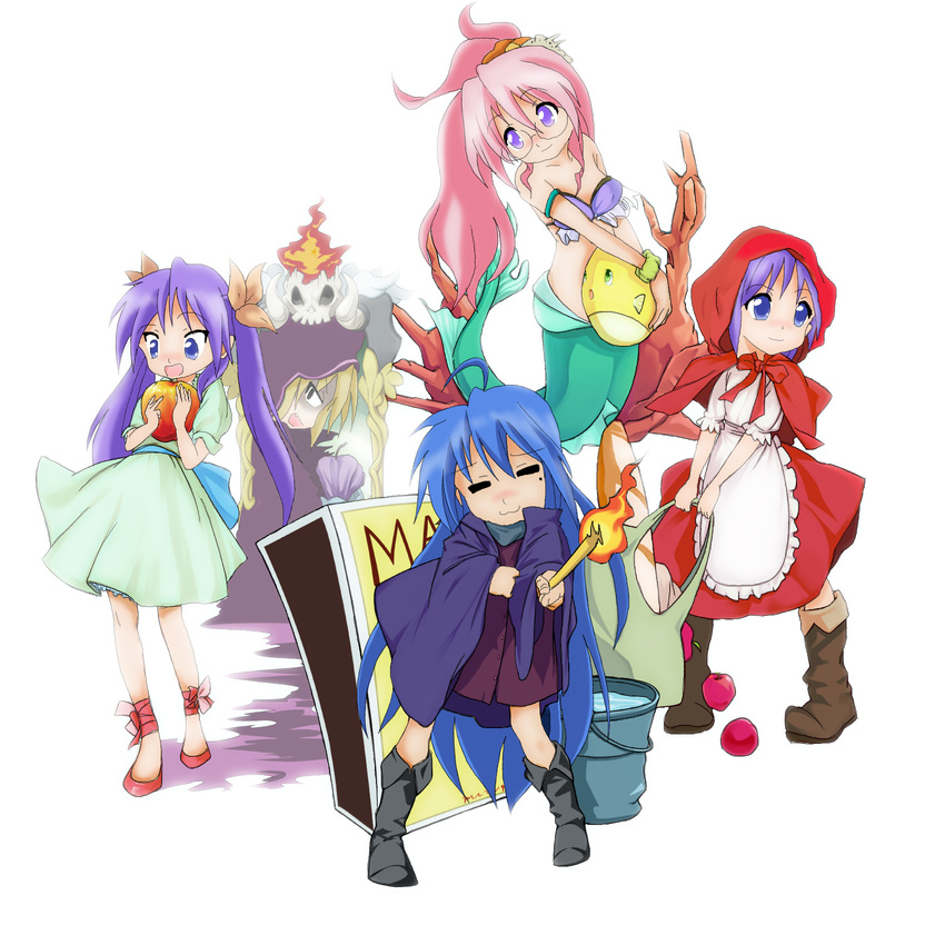 :3 =_= ahoge apple apron armlet bad_anatomy bag bikini_top boots bread bucket coral cosplay dress fire fish food fruit grimm's_fairy_tales highres hiiragi_kagami hiiragi_tsukasa hood hotaru_(4811) izumi_konata kuroi_nanako little_match_girl little_red_riding_hood little_red_riding_hood_(grimm) lucky_star matchbox mermaid mole mole_under_eye monster_girl multiple_girls original oversized_object pigeon-toed skull snow_white snow_white_(grimm) takara_miyuki the_little_mermaid the_little_mermaid_(andersen) torch