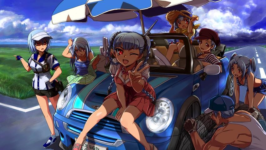 6+girls beach_umbrella blue_hair braid breasts car cleavage delinquent_koronu futaba_channel ground_vehicle highres koronu koronu_korinne kowanu leaning_forward medium_breasts mini_cooper motor_vehicle multiple_girls muscle one_eye_closed pointing red_eyes road shinmai_(kyata) small_breasts sweat toronu twintails twinte umbrella v visor_cap