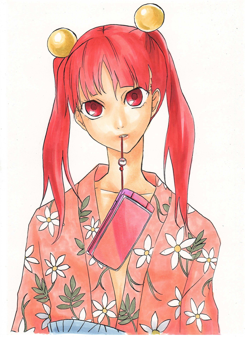 absurdres bird biting cellphone cellphone_strap clenched_teeth faux_traditional_media floral_print formal hair_bobbles hair_ornament highres japanese_clothes kimono mouth_hold obi otonashi_meru penguin phone pink_hair pink_kimono red_eyes richa_doa sash sayonara_zetsubou_sensei simple_background solo teeth twintails upper_body yukata