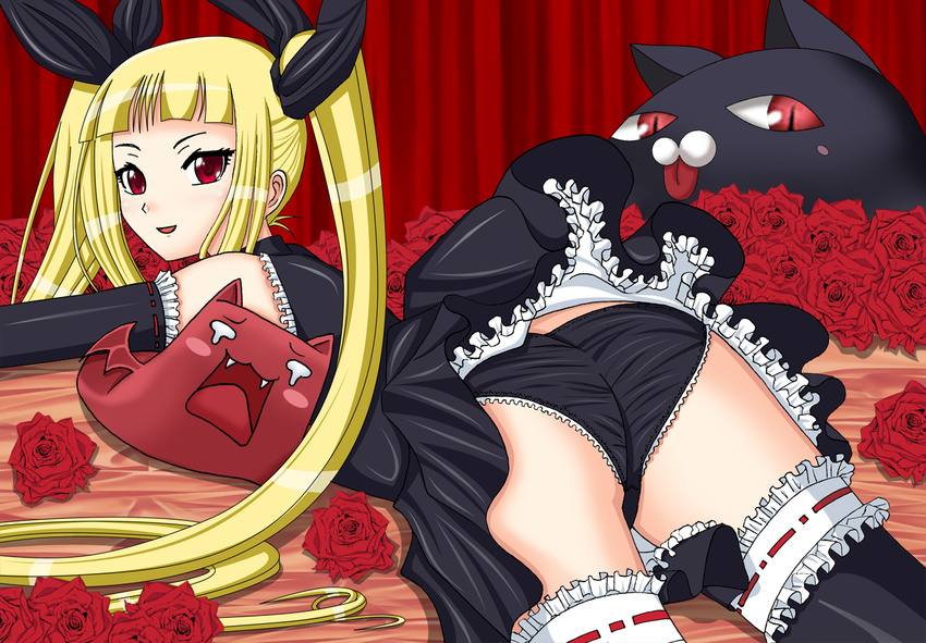 ass black_panties blazblue blonde_hair bow detached_sleeves gii hairbow nago open_mouth panties rachel_alucard red_eyes rose thigh_highs twintails