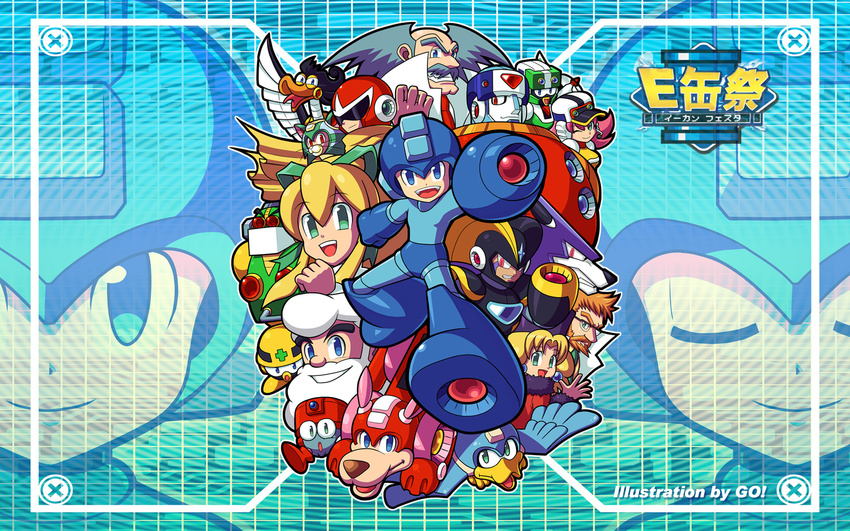 6+boys age_difference aiming albert_w_wily android annotated aqua_background arm_cannon artist_name bald bangs beard beat_(rockman) bird black-framed_eyewear black_hat blonde_hair blue_background blue_bodysuit blue_eyes blues_(rockman) bodysuit cat clenched_hand closed_eyes closed_mouth coat dog duo_(rockman) earrings eddie_(rockman) energy_tank everyone eyebrows_visible_through_hair facial_hair facial_mark father_and_daughter flipped_hair forte_(rockman) frame fur_hat fur_trim glasses gospel_(rockman) gradient gradient_background green_eyes green_ribbon grey_hair grid grid_background grin hair_between_eyes hair_ribbon half-closed_eyes happy hat headphones headset helmet hi-go! high_ponytail highres jewelry kalinka_cossack labcoat light_smile long_hair metool mikhail_sergeyevich_cossack multiple_boys multiple_girls mustache necktie old_man one_eye_closed open_clothes open_mouth orange_hair outstretched_arms over-rim_eyewear pink_hair plum_(rockman) ponytail red_coat red_cross red_eyes red_neckwear reggae ribbon rightot ripot robot rockman rockman_(character) rockman_(classic) roll rush_(rockman) scarf semi-rimless_eyewear sidelocks smile spread_arms tango_(rockman) thick_eyebrows thomas_light tongue translated ushanka visor wallpaper waving weapon white_hair white_hat widescreen wolf yellow_scarf