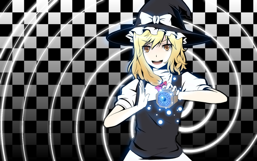 blonde_hair checkered checkered_background gayprince grid hat highres kirisame_marisa mini-hakkero orb short_hair smile solo spiral spiral_background touhou witch_hat yellow_eyes yin_yang