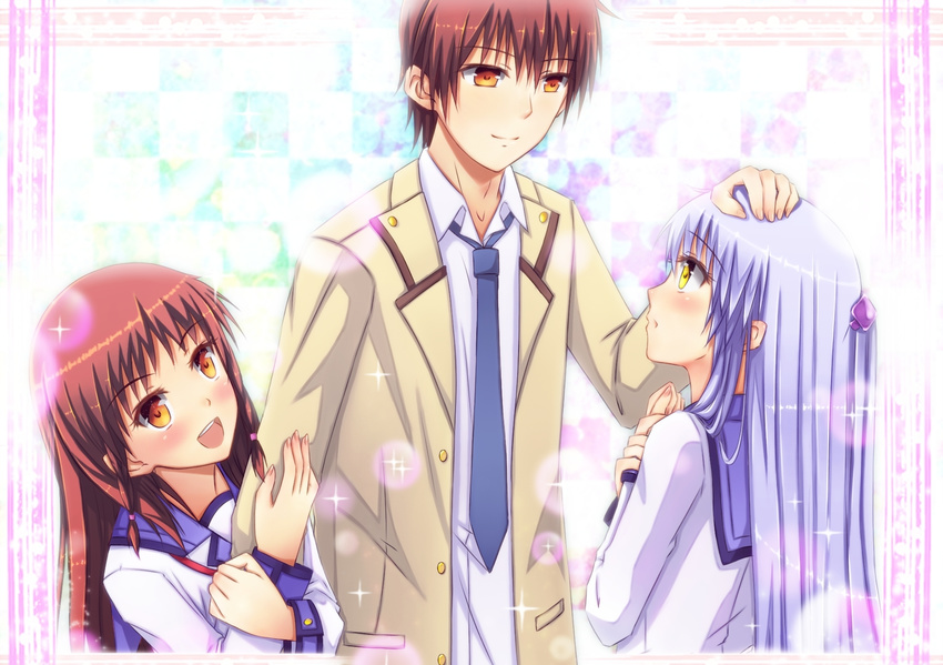 2girls :d angel_beats! arm_grab blue_neckwear brother_and_sister brown_hair eyebrows_visible_through_hair hair_ornament highres jacket long_hair multiple_girls necktie open_mouth orange_eyes otonashi_(angel_beats!) otonashi_hatsune petting school_uniform serafuku shinda_sekai_sensen_uniform shirt siblings silver_hair smile sparkle swordsouls tenshi_(angel_beats!) upper_body very_long_hair white_shirt yellow_eyes