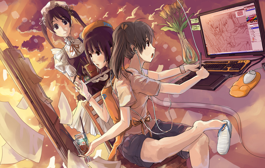 art_brush bad_id bad_pixiv_id barefoot between_toes brown_hair chanchan computer conjoined crossed_legs drawing earphones flower foot_hold gloves hat long_hair maid monitor mousepad_(object) multiple_girls oekaki_musume original paintbrush painting recursion sandals shoe_dangle short_hair sitting tulip twintails vase wacom