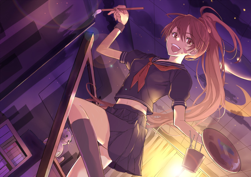 art_brush artist_painter backlighting bad_id bad_pixiv_id brown_eyes brown_hair dutch_angle ladder lens_flare long_hair messy midriff moon oekaki_musume original paint paintbrush painting palette platinumcorundum ponytail school_uniform skirt sky smile socks solo star_(sky) starry_sky sunlight very_long_hair