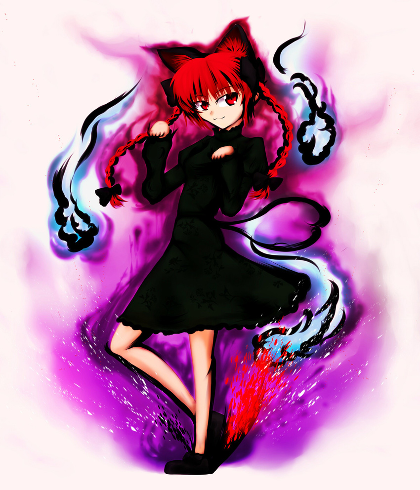 animal_ears braid cat_ears highres kaenbyou_rin kaiza_(rider000) long_hair parody red_eyes red_hair ribbon solo street_fighter street_fighter_iv_(series) style_parody tail touhou twin_braids twintails zombie_fairy